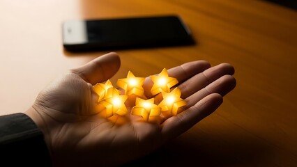 Hand holding glowing star-shaped lights, creating a warm and magical ambiance.