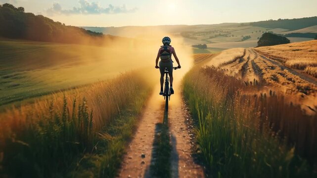 Woman mountain biking on a dusty dirt path through golden wheat fields at sunset, creating a dramatic lens flare and dust cloud 4k video