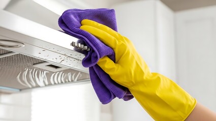 Hand in yellow glove cleaning kitchen exhaust hood with purple cloth.