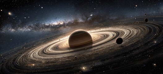 Ringed planet in a starry expanse with orbiting moons and cosmic dust