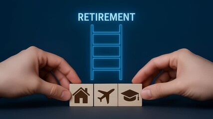 Retirement planning time value ladder with house airplane graduation cap for building future home travel education goals secure peaceful life success