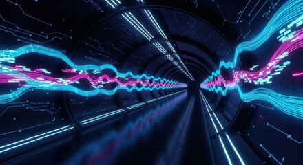 Glowing digital waveforms move rapidly through a dark futuristic tunnel structure
