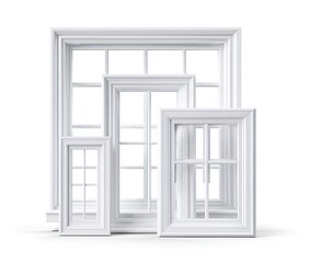 Three white framed windows stacked, perspective view, gridded panes, bright