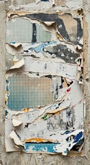 Weathered layers of torn paper posters reveal underlying patterns on a rough surface