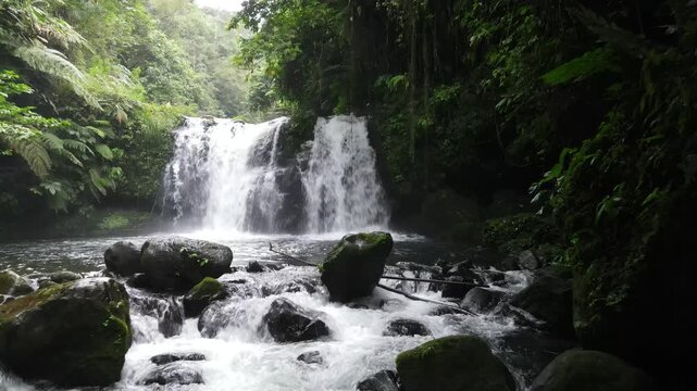 Aerial Footage of Sebrangan Waterfall Surrounded by Bamboo Forest, Java Island, Indonesia
