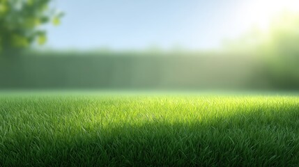 Naklejka premium Lush Green Grass Under Soft Morning Light with Blurred Background and Gentle Sunbeam in a Serene Outdoor Setting for Nature Lovers