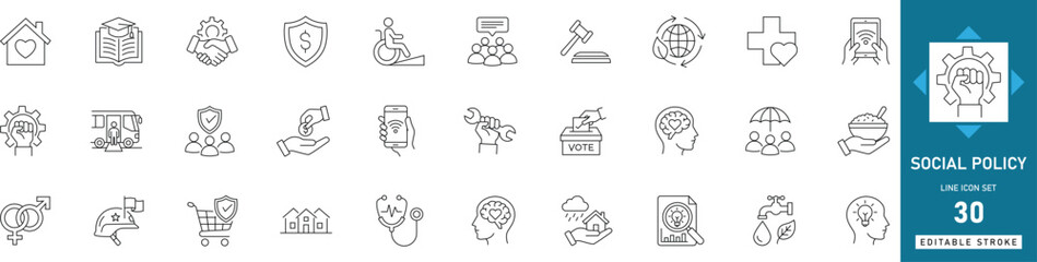 social policy line icon set featuring public welfare, equality, human rights, justice, healthcare, insurance, and community support vector symbols.