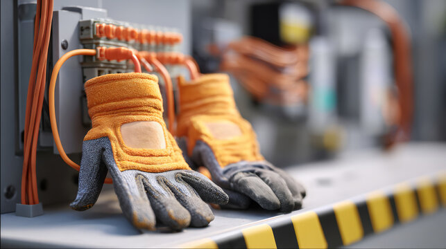 Protective gloves on electrical panel with orange cables.