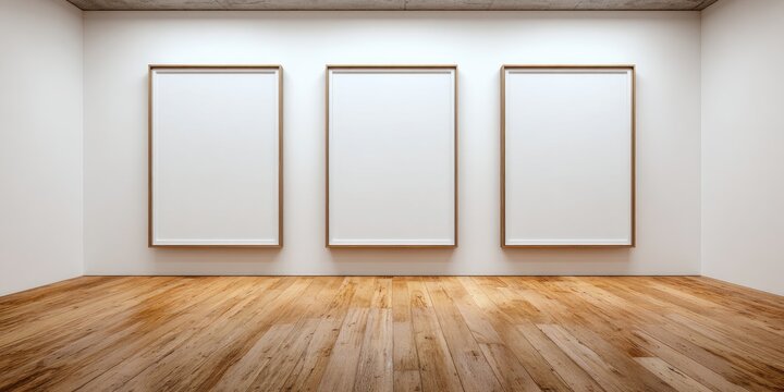 Art gallery three blank framed canvases hung on a white wall, wood floor, concrete ceiling