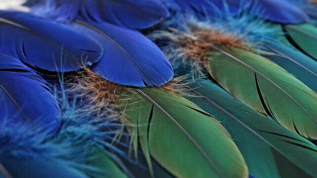 Macro Close Up of Vibrant Blue and Green Parrot Feathers Texture.