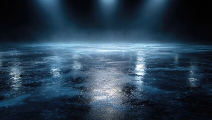 Glistening wet floor with spotlights and haze in the darkness