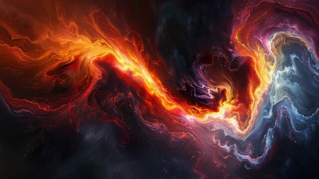 Abstract fiery and cool colored nebula or cosmic gas clouds in deep space, dynamic flow of orange, red, purple, and blue energy streams 4k video