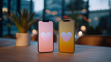 Two smartphones with heart icons on screens in romantic setting. Long distance relationship metapher.
