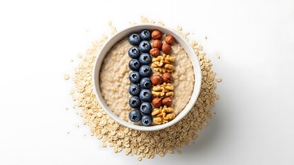 Healthy Oatmeal Bowl with Blueberries and Nuts on White Background.