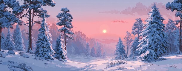 Snowy landscape with pine trees, pink sky and sun