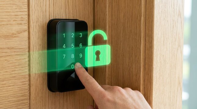 Finger pressing zero on digital smart lock keypad with glowing unlocked icon
