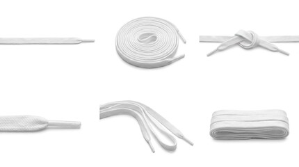Collection of white shoelaces in different arrangements on an isolated background