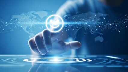 Human hand touching a futuristic digital interface with a glowing world map.