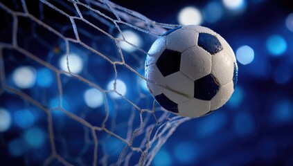 Soccer ball hits a net, caught mid-air, with a dark, bokeh-filled background