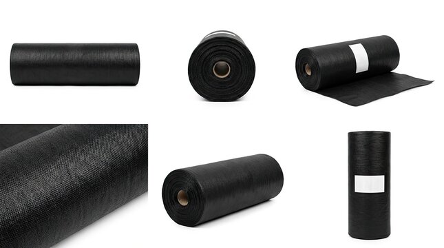 Black weed barrier fabric rolls isolated on a white background.