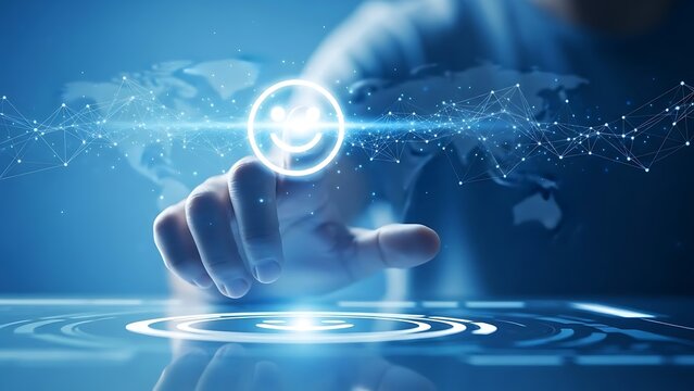 Human hand touching a futuristic digital interface with a glowing world map. - Powered by Adobe