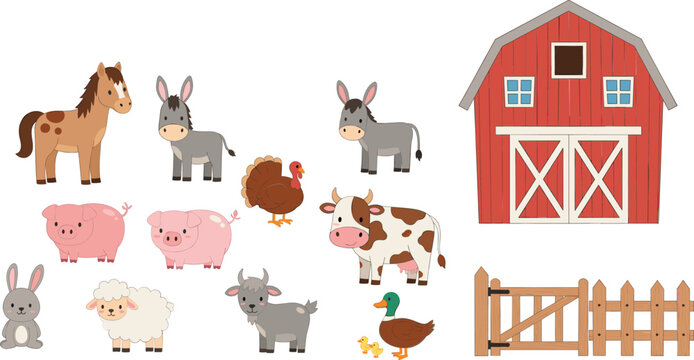 Cute farm animals illustration set with barn fence and countryside elements for kids and educational design
