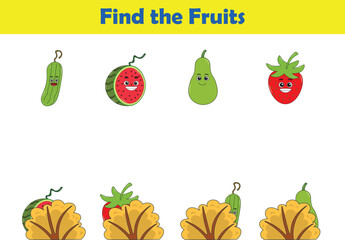 Find Hiding fruits. Child Exercise Sheet with fruits. Printable worksheet. Cartoon vector illustration