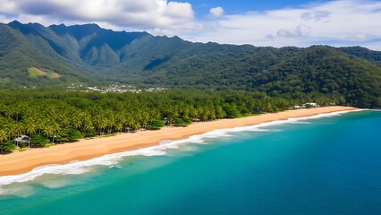 Idyllic Beach Scene - Turquoise Waters, Golden Sands, and Lush Green Mountains.