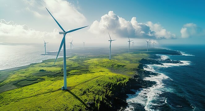 Coastal Wind Turbines on Clifftop Overlooking Ocean. Ideal for sustainability, energy, and landscape-themed projects. Great for green tech visuals, coastal content