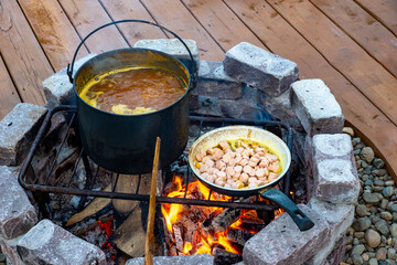 Cast iron cauldron and skillet cooking stew sausages and tofu over open fire in equipped campsite
