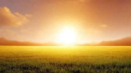 Obraz premium Serene Sunrise Over a Tranquil Meadow with Lush Green Grass Under a Golden Sky and Soft Clouds Creating a Peaceful Nature Landscape Scene