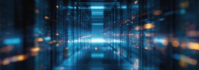 Tech corridor servers in a dark room, bright blue light and blurred details