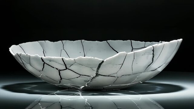 Ceramic bowl with kintsugi repair, cracked white pottery with black lines, isolated on white 4k video
