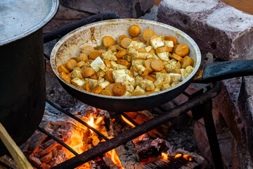 Tofu and sausages cooking over campfire on backyard terrace