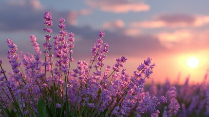 Fototapeta premium Breathtaking Lavender Field at Sunset with Vibrant Purple Blooms Against a Dramatic Sky Filled with Soft Clouds and Warm Glowing Sunlight