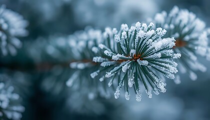 Closeup of a fir tree branch covered in frost and ice crystals, creating a beautiful winter scene with soft blue and white tones