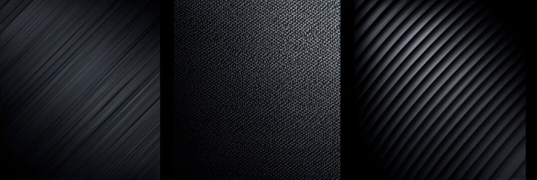 Triptych of dark textures stripes, grid, and deep corrugated patterns.