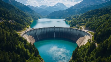 53.A stunning aerial perspective of a Swiss-engineered dam, showing the structure&acirc;&euro;&trade;s immense scale and the clear blue reservoir. The surrounding Alpine mountains and forests create a picturesque
