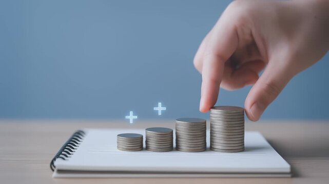 Saving time for retirement builds value with steady coin stacks on notebook pages and hand adding coins for future financial growth and security
