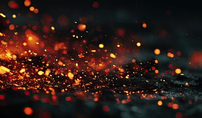 Glistening embers rise above dark, textured surface in a fiery spectacle