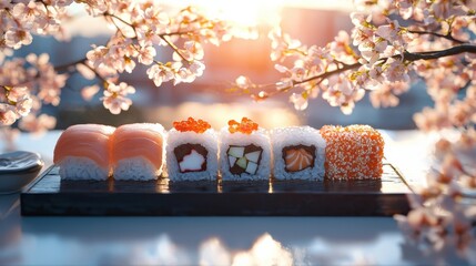 Artistic sushi presentation by chefs warm lighting food photography eye level view culinary delight