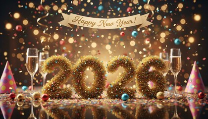 People celebrate New Year with shiny gold decorations and colorful confetti for 2026. There are drinks and party hats on the table, creating a festive mood