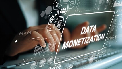 Businessman Working on Data Monetization Strategies with Digital Interface and Analytics Display. Asymptotic smart data analytic.