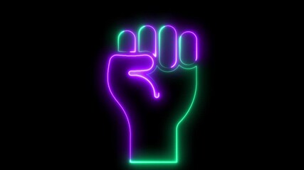 Feminists protest glowing neon pink and gree line animation. Woman raised fists with ribbon animated icon. Females rights and freedom. Isolated illustration on dark background. Transition alpha video 