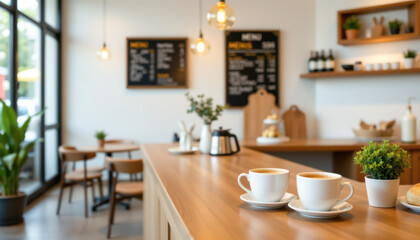 Fototapeta premium Cozy Modern Coffee Shop with Natural Light and Warm Atmosphere