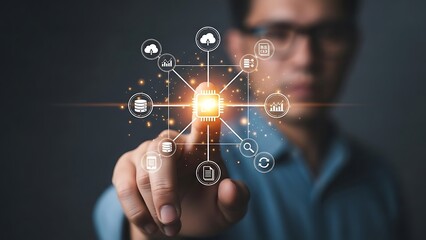 Man interacting with digital interface, technology concept, futuristic design.