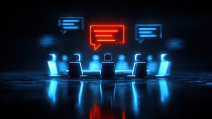 A neon saturated cyber plaza full of intelligent avatars engaged in visual interaction to review escalating program complexity and identify the core issue threatening the system