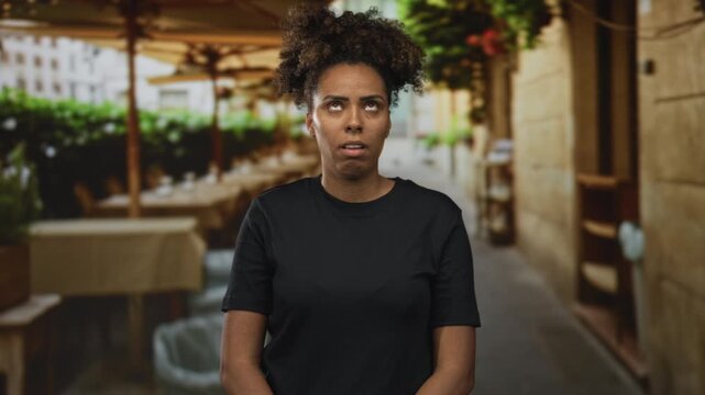 Woman face rolls eyes on street cafe terrace outside restaurant, wearing black t shirt and neutral posture; annoyance.