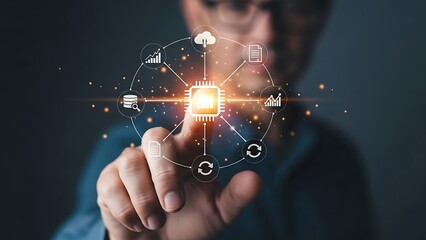 Mans finger touching a glowing digital circuit board.