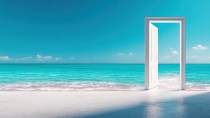 A serene scene featuring an open door leading to a vibrant turquoise sea, symbolizing freedom and endless possibilities.
